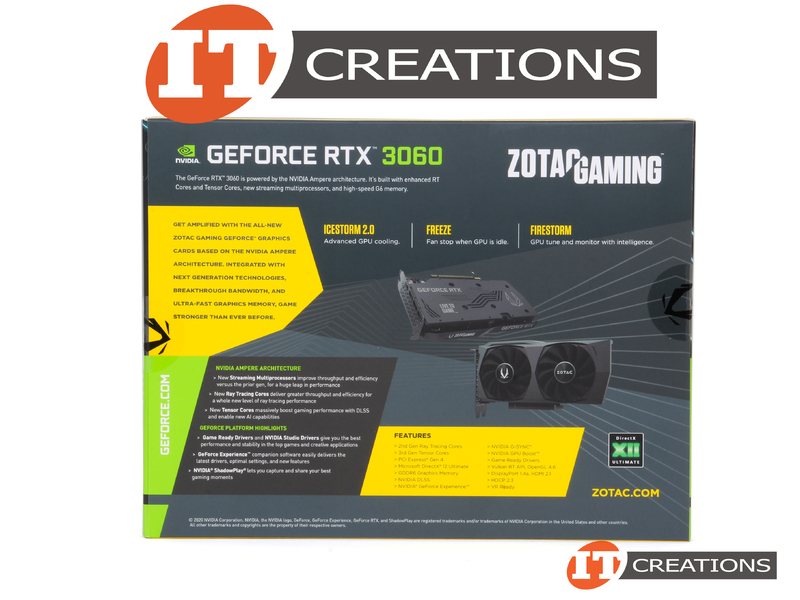 ZT-A30600H-10M-RETAIL - Retail - ZOTAC NVIDIA GEFORCE RTX 3060 GAMING GPU  TWIN EDGE OC EDITION 12GB 3584 CUDA CORES MEMORY INTERFACE 192 BIT GDDR6  PCI-E 4.0 X16 ( 3 ) THREE DISPLAYPORTS